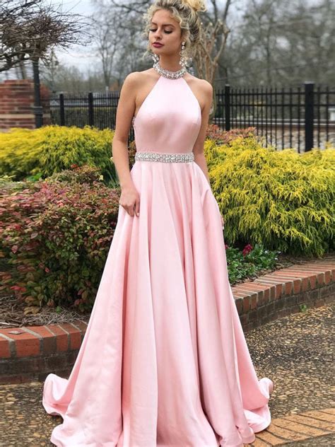 Pink Halter Neck Backless Beading Satin Long Prom Dresses Backless Pi