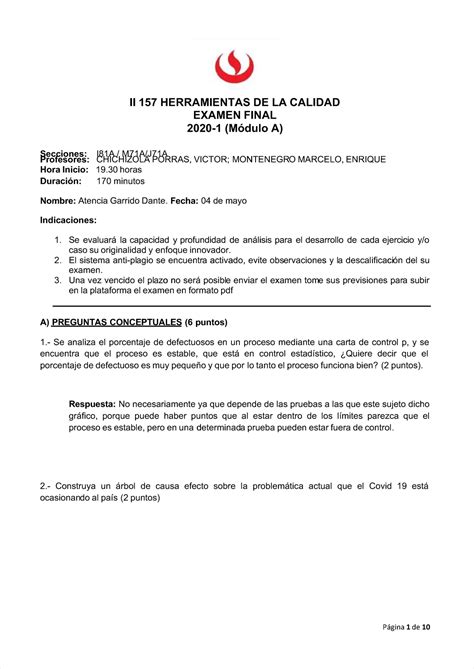 Examen Final Herramientas Calidad 2020 Herramientas De Calidad UPC