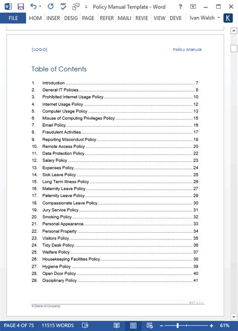 Policy Manual Template Ms Wordexcel Templates Forms Checklists