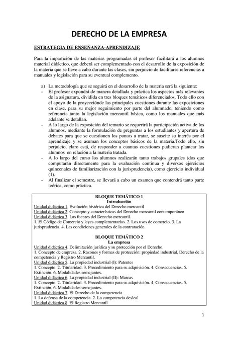 Programa Derecho De La Empresa 1 Derecho De La Empresa Estrategia De EnseÑanza Aprendizaje