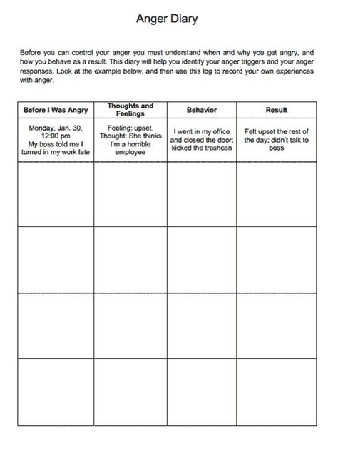 Anger Diary Worksheet Therapist Aid Therapy Worksheets Anger