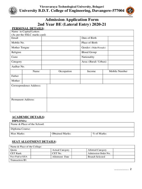 Fillable Online Admission Application Form 2nd Year Be Lateral Entry