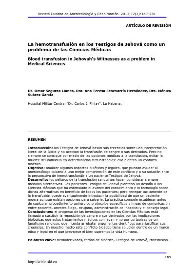 La Hemotransfusin En Los Testigos De Jehov Como Un Problema De Las