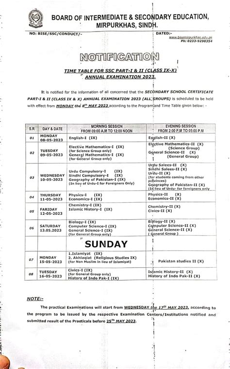 Mirpur Khas Board Matric Annual Exams Schedule