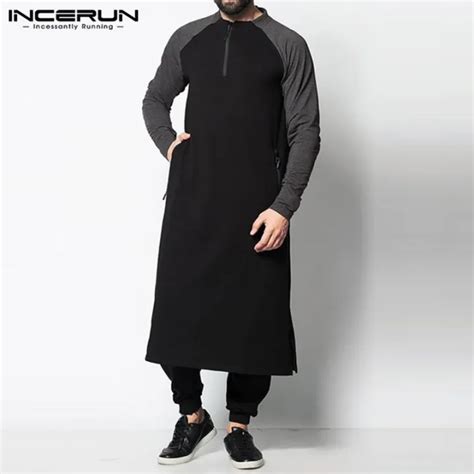 INCERUN Muslim Men Clothing Saudi Arab Long Sleeve Thobe Islamic Jubba