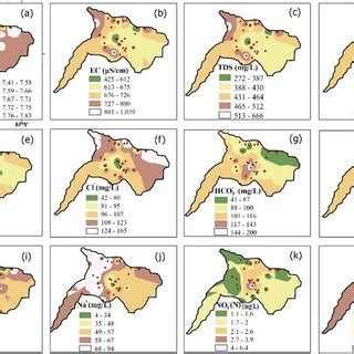 Spatial distribution maps of a pH b EC μS cm c TDS mg L d