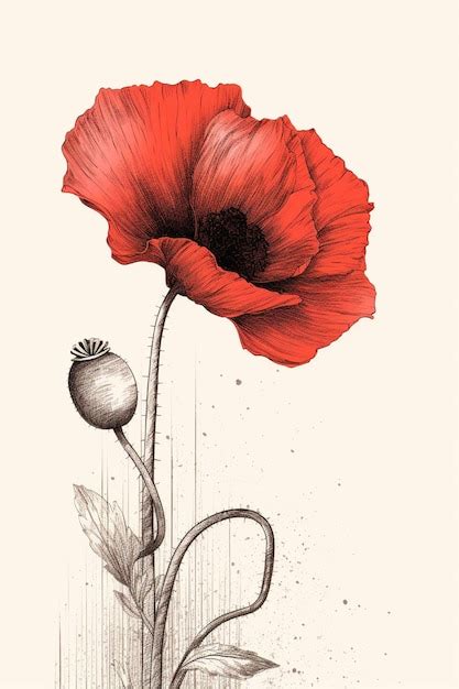 Premium Ai Image There Is A Drawing Of A Red Poppy Flower With A Stem