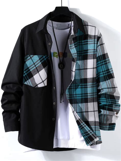 Temu｜stylish Collage Chest Pocket Plaid Pattern Casual Long Sleeve