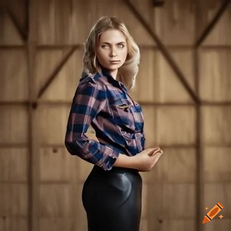 Portrait Of A Stunning Blonde Woman In Plaid Shirt And Black Leather