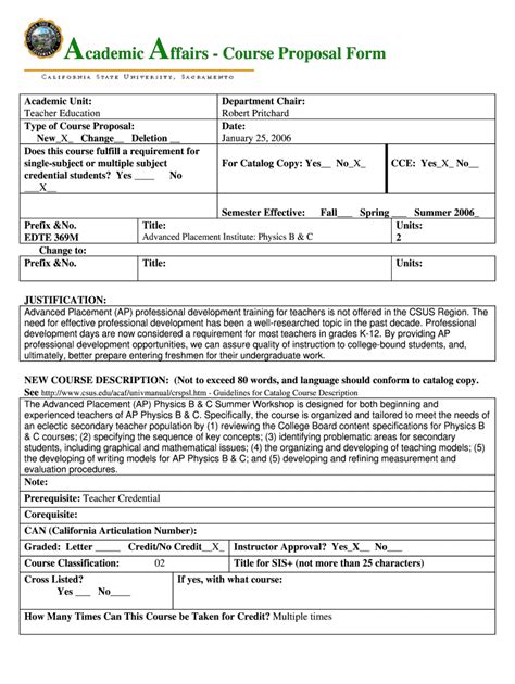 Fillable Online Csus Academic Affairs Course Proposal Form Academic