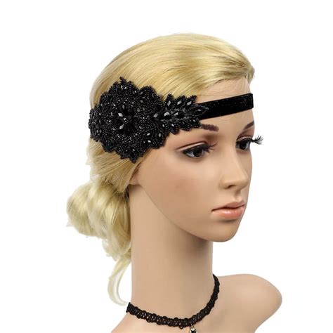 Headbands Women Black Scrunchie Flapper Great Gatsby Headband Pearl