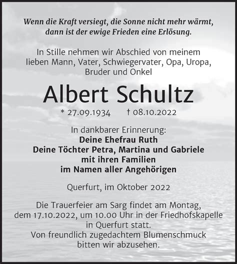 Traueranzeigen Von Albert Schultz Abschied Nehmen De