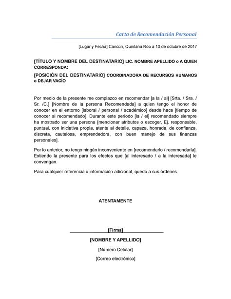 Formato De Carta De Recomendación Personal 1 Carta De Recomendación