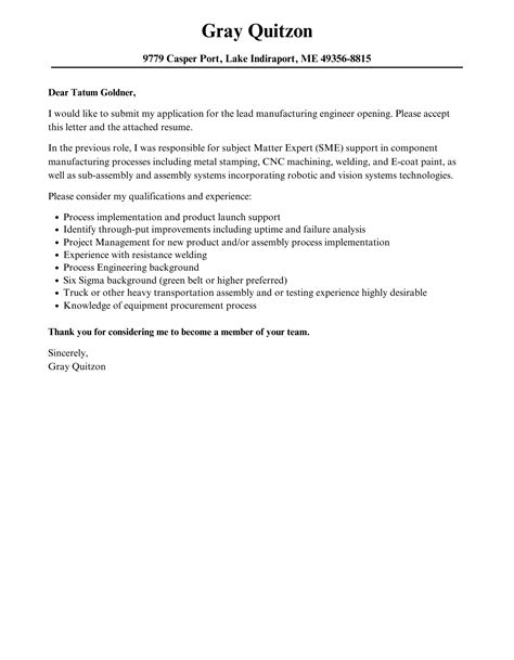 Lead Manufacturing Engineer Cover Letter Velvet Jobs