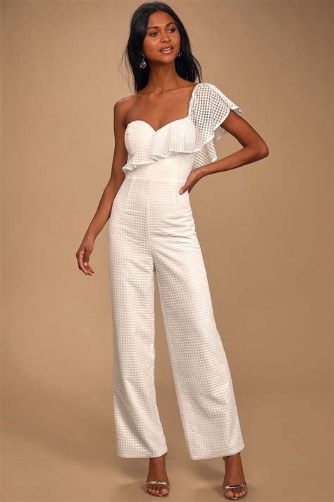 Lulus Off The Charts White Grid Print Mesh One Shoulder Jumpsuit