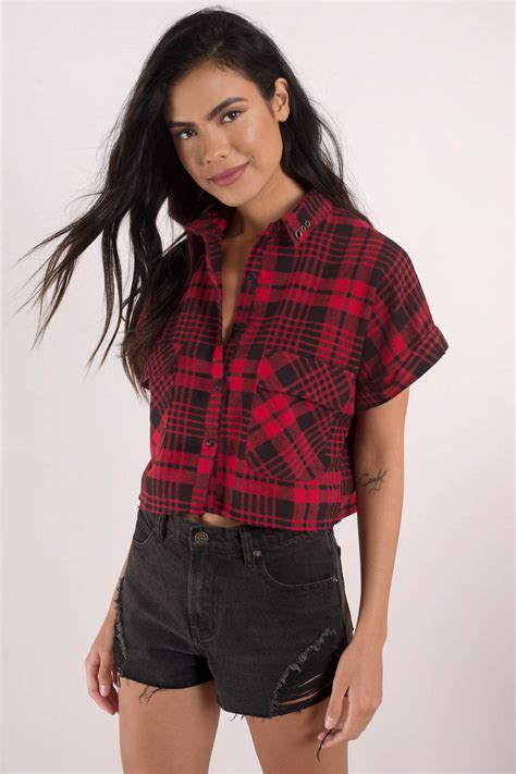 Trendy Red Top Short Sleeve Crop Top Button Up 16 Tobi Us