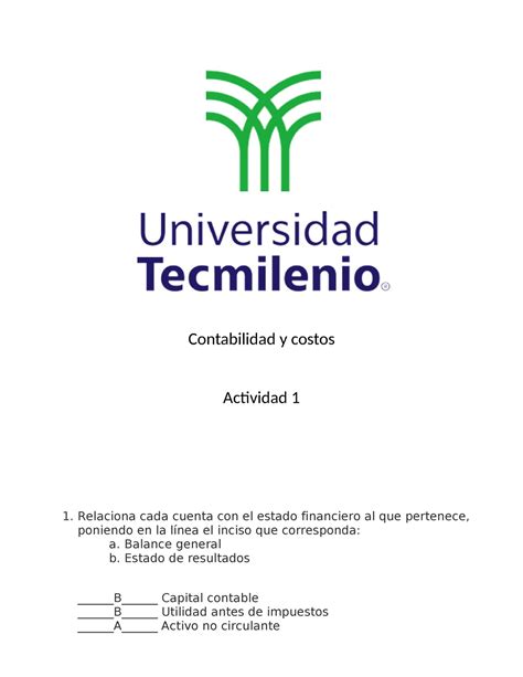 Contabilidad Y Costos Actividad Relaciona Cada Cuenta Con El Estado