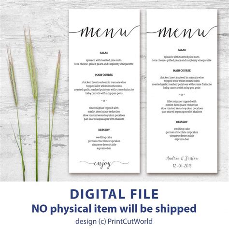 Printable Menu Card 4x9 Rustic Wedding Menu Template Instant Downolad ...