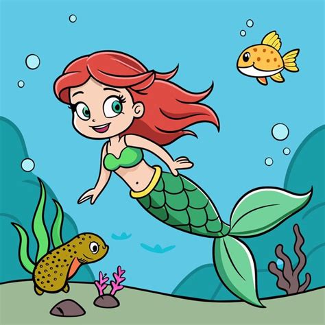 A Cartoon Illustration Of A Mermaid With A Fish And A Fish Premium Ai