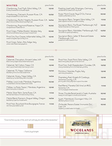 Woodlands American Grill Menu In Dallas Texas Usa