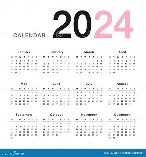 Colorful Year 2024 Calendar Horizontal Vector Design Template Simple