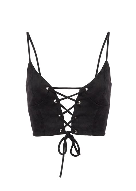 Black Lace Up Crop Top Suede Crop Top Lace Up Bustier Bralette