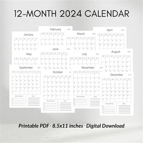 2024 12 Month Calendar Template Printable Monthly Calendar Simple Planner Notes Section Monthly