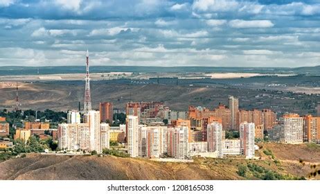 Aerial Panoramic Overview City Krasnoyarsk Skyline Stock Photo