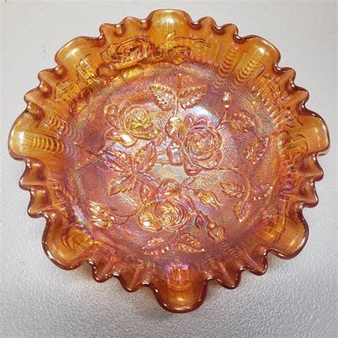 Vintage Amber Carnival Glass Bowl With Rose Pattern Etsy