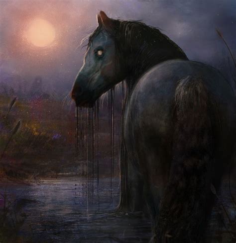 A Horse Standing In The Water With Its Head Covered By Icicles At Night