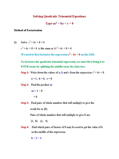 Solving Quadratic Trinomial Equations | PDF | Factorization | Quadratic ...