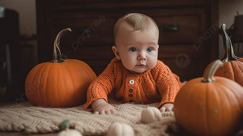 Little Baby In Orange In Front Of A Bunch Of Pumpkins Background, Baby ...