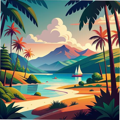 Una pintura de una playa con palmeras y montañas en el fondo Vector