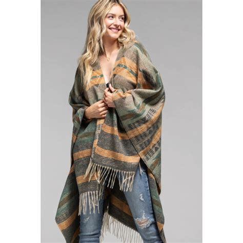 Olive Green Woven Aztec Pattern Ruana Open Poncho Knit Wrap W Fringe