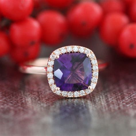 Purple Amethyst Engagement Ring In K Rose Gold Halo Diamond