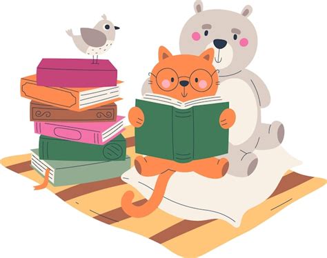 Livros De Leitura De Urso E Gato Vetor Premium