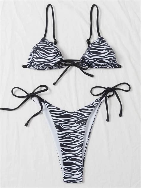 Zebra Striped Triangle Tie Side Bikini Swimsuit Shein Usa Bikini