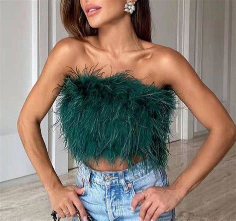 Feather Fluff Emerald Green Bandeau Zippered Top Feather Crop Top