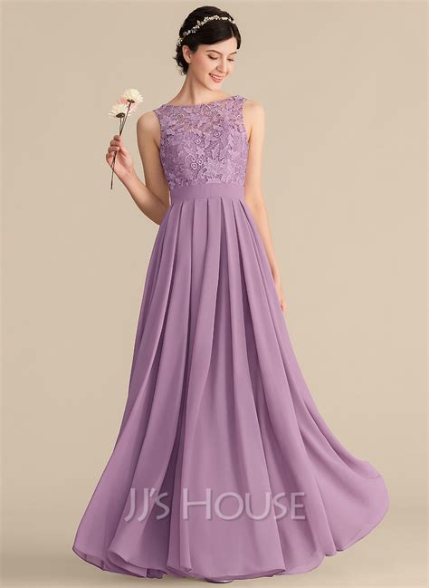 A Line Princess Scoop Neck Floor Length Chiffon Lace Prom Dresses With