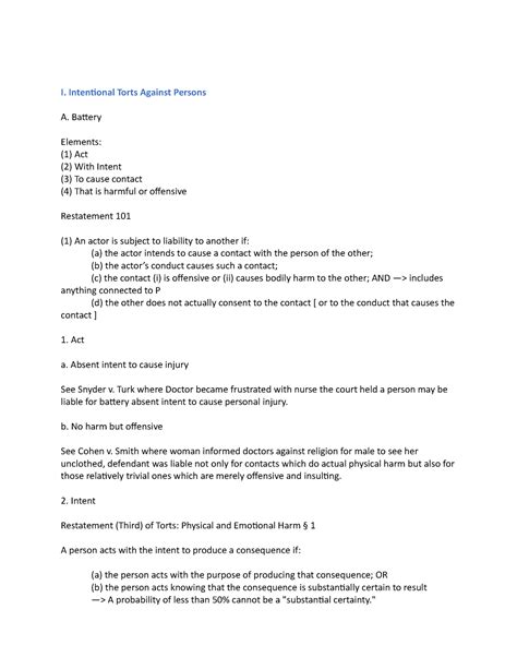 Torts Final Outline I Intentional Torts Against Persons A Battery