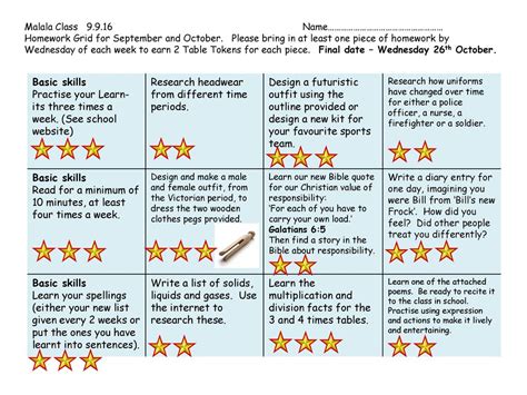 Malala Class Name Homework Grid For September And