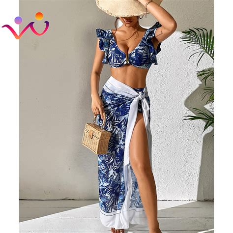 Sexy V Neck Ruffle Bikini Swimwear Women 2024 New Swimsuit Print Bikini