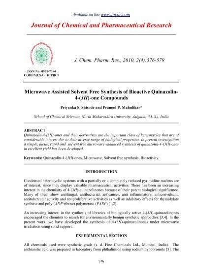 Microwave Assisted Solvent Free Synthesis Of Bioactive Quinazolin