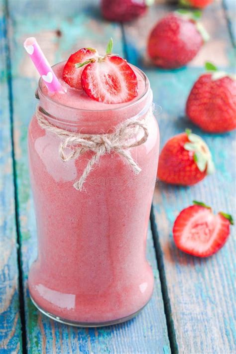 Strawberry Smoothie In A Jar With Drinking Straw Stock Photo Image Of