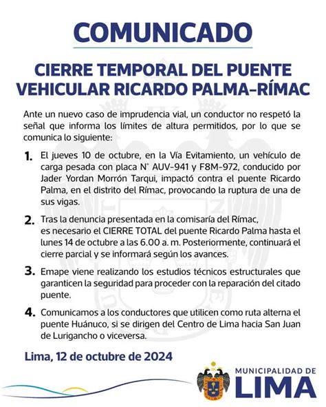 Cierre Total Del Puente Vehicular Ricardo Palma Hoy Conoce La Ruta