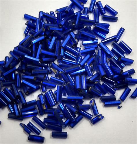 S Vintage Cobalt Blue Silver Lined Bugle Beads One Glass Tube