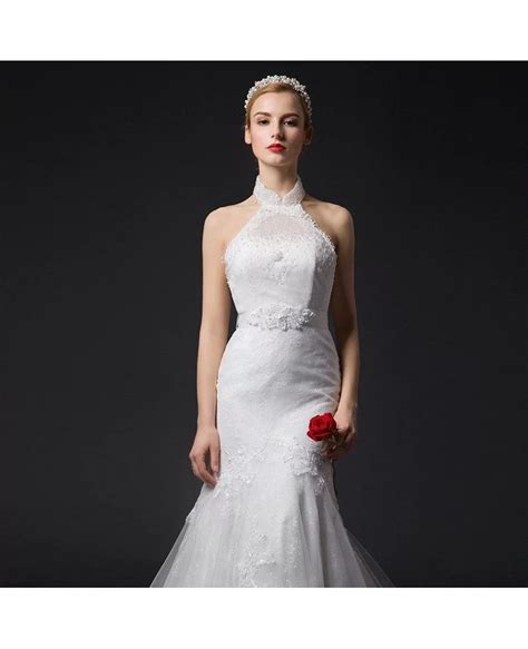 Romantic Mermaid Halter Chapel Train Tulle Wedding Dress With Appliques