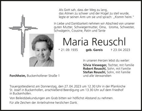 Maria Reuschl Traueranzeige Trauer InFranken De