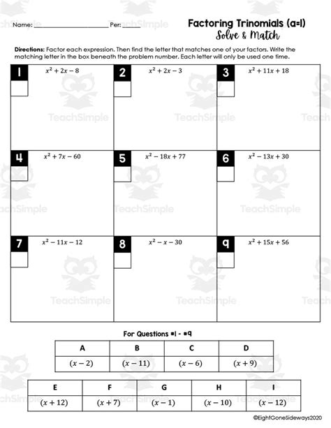 Factoring Trinomials A Is 1 Solve Match Worksheet By Teach Simple