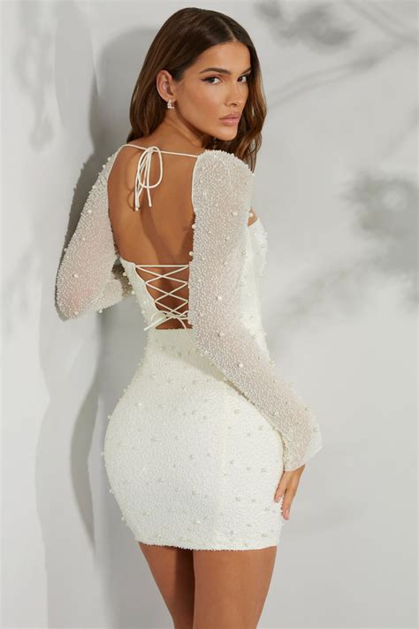 Milan Long Sleeve Embellished Corset Mini Dress In Ivory Oh Polly